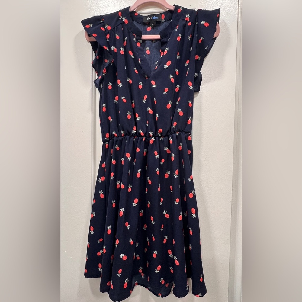 Aliceblue capped sleeve spring dress, pineapple print color blue, size S